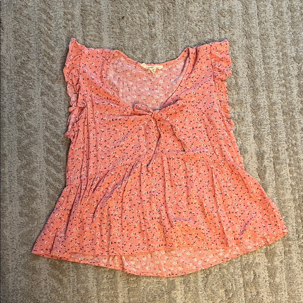 Kingston Grey Pink Floral Tie-Front Festival Ruffle Short Sleeve Top Medium